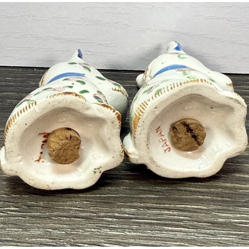 Vintage Japan Scottie Dog Salt Pepper Shakers Patchwork Floral Blue Bow Pair MCM